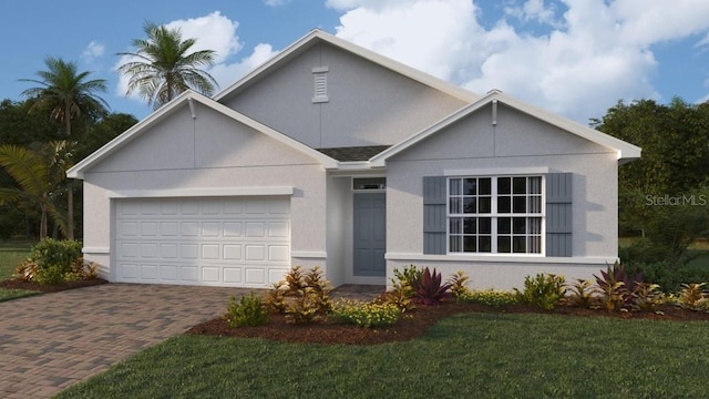 9710 Sand Dune Ln, Punta Gorda, FL 33950 - view of front of house with decorative driveway, an attached garage, stucco siding, and a front lawn