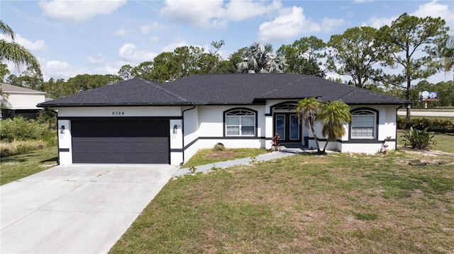 6794 Loffreda Ave, North Port, FL 34291 - ranch-style home with stucco siding, an attached garage, a front yard, and concrete driveway