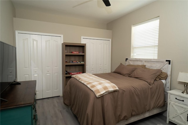 6794 Loffreda Ave, North Port, FL 34291 - bedroom featuring multiple closets, wood finished floors, and a ceiling fan