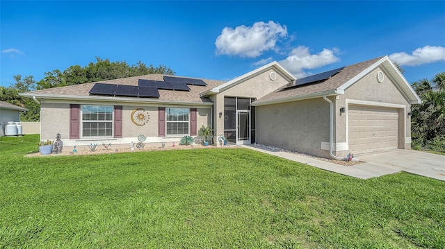 237 Strasburg Dr, Port Charlotte, FL 33954 - ranch-style house with stucco siding, roof mounted solar panels, an attached garage, a front yard, and driveway