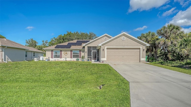 237 Strasburg Dr, Port Charlotte, FL 33954 - ranch-style home with solar panels, a front yard, a garage, concrete driveway, and stucco siding