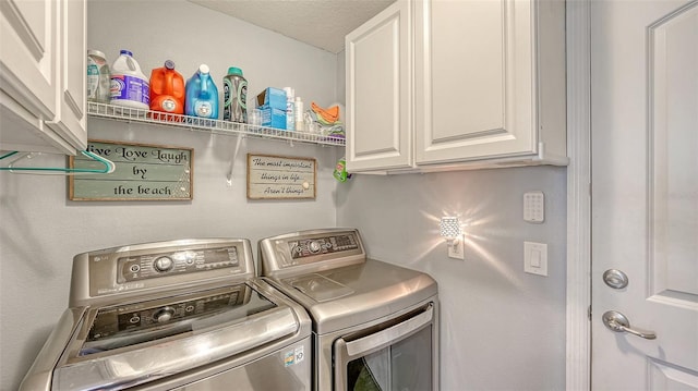 237 Strasburg Dr, Port Charlotte, FL 33954 - laundry room featuring washer and dryer, cabinet space, and a textured ceiling