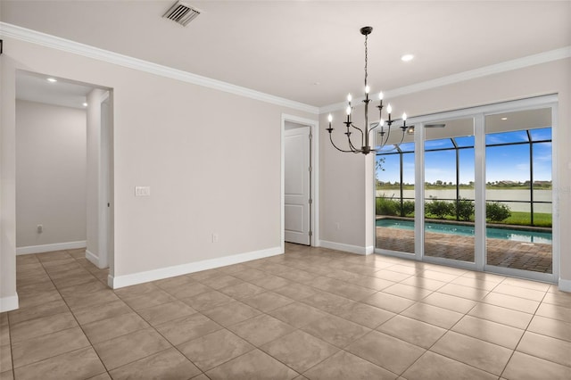 42346 Waterfront Way, Punta Gorda, FL 33982 - empty room with light tile patterned floors, baseboards, ornamental molding, a chandelier, and recessed lighting