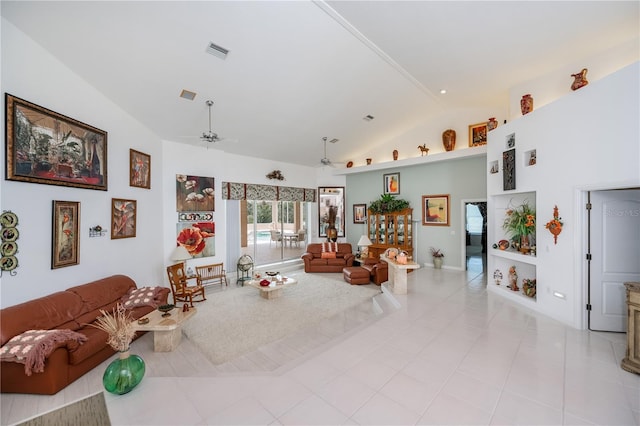 17400 White Water Ct, Punta Gorda, FL 33982 - living area featuring ceiling fan, tile patterned floors, and high vaulted ceiling