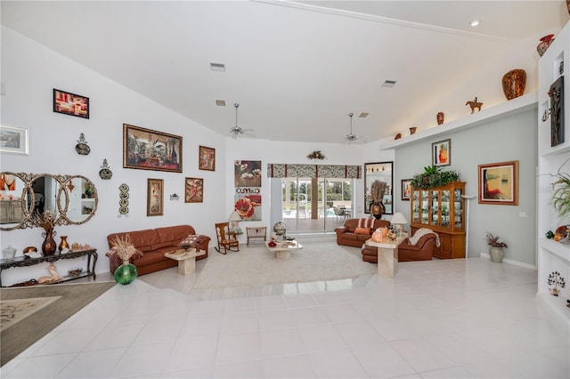 17400 White Water Ct, Punta Gorda, FL 33982 - living room featuring ceiling fan, lofted ceiling, and tile patterned floors