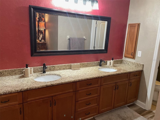 26129 Madras Ct, Punta Gorda, FL 33983 - bathroom featuring double vanity, toilet, and wood finished floors