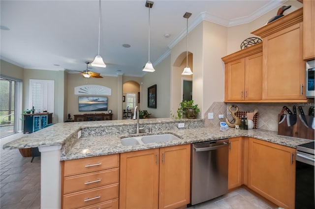 1062 Eagles Flight Way, North Port, FL 34287 - kitchen featuring appliances with stainless steel finishes, a sink, ornamental molding, a ceiling fan, and backsplash