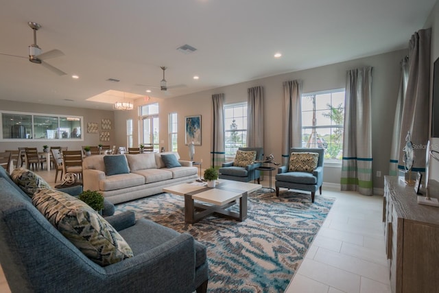 7292 Mikasa Dr, Punta Gorda, FL 33950 - living area featuring a ceiling fan, light tile patterned floors, recessed lighting, and baseboards