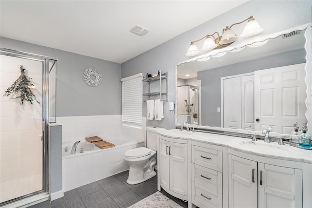 1444 Frisco Ter, Port Charlotte, FL 33953 - bathroom with a shower stall, a bath, double vanity, and toilet