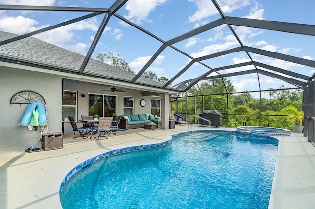 1444 Frisco Ter, Port Charlotte, FL 33953 - view of swimming pool with an outdoor hangout area, area for grilling, a patio, a ceiling fan, and a pool with connected hot tub
