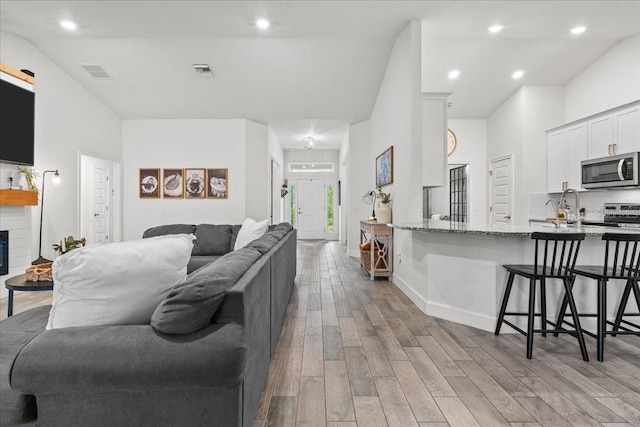 5436 Jessamine Ave, North Port, FL 34291 - living area featuring light wood-style flooring, recessed lighting, a glass covered fireplace, and baseboards