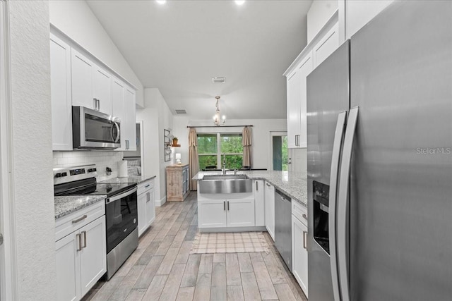 5436 Jessamine Ave, North Port, FL 34291 - kitchen featuring appliances with stainless steel finishes, a sink, a peninsula, tasteful backsplash, and white cabinetry