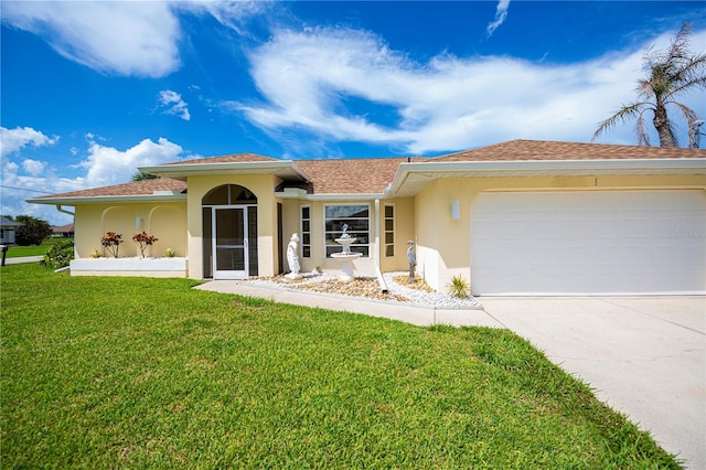 1 Sportsman Cir, Rotonda West, FL 33947 - view of front of property with stucco siding, a front lawn, concrete driveway, and an attached garage