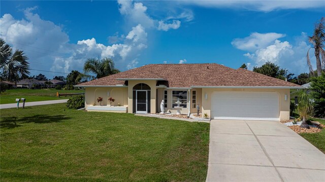 1 Sportsman Cir, Rotonda West, FL 33947 - single story home with stucco siding, a front lawn, driveway, an attached garage, and roof with shingles