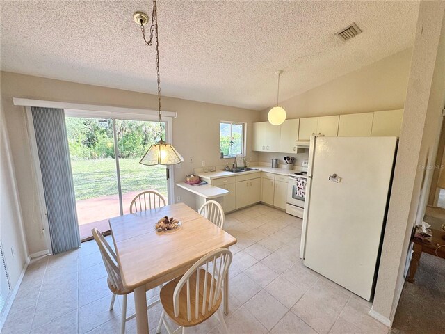 18335 Oxford Ave, Port Charlotte, FL 33948 - dining room featuring a textured ceiling, light tile patterned floors, and lofted ceiling