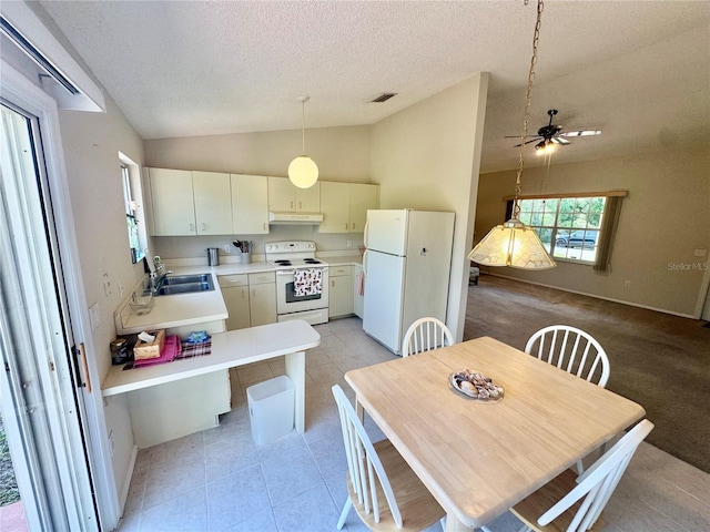 18335 Oxford Ave, Port Charlotte, FL 33948 - dining area featuring vaulted ceiling, a textured ceiling, a ceiling fan, and light tile patterned floors