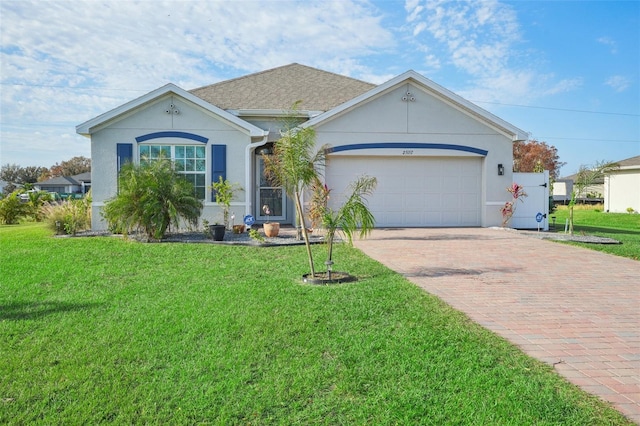 single story home with decorative driveway, a front yard, stucco siding, and a garage