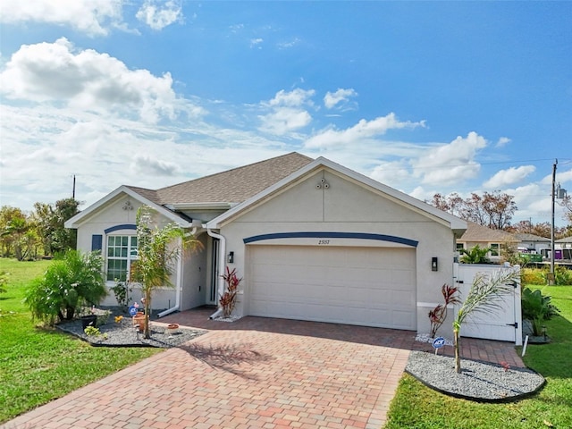 ranch-style home featuring decorative driveway, stucco siding, a garage, and a front yard