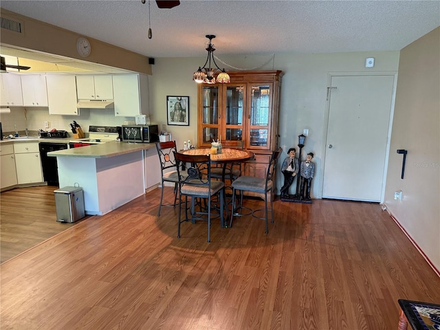 21260 Brinson Ave Unit 110, Port Charlotte, FL 33952 - kitchen featuring range, under cabinet range hood, a peninsula, black dishwasher, and wood finished floors