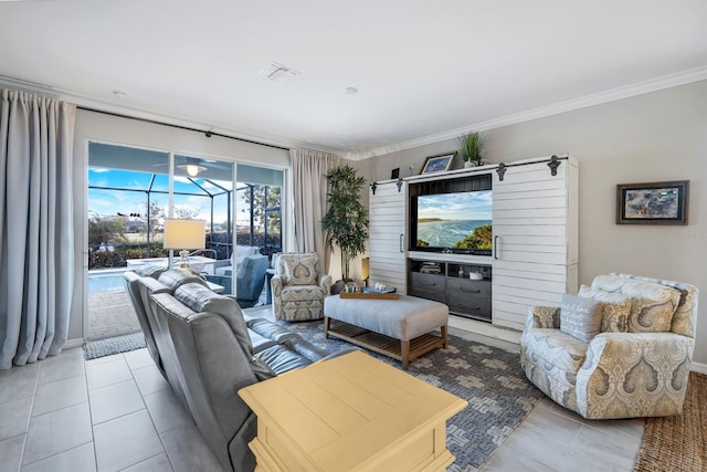 43249 Treadway Dr, Punta Gorda, FL 33982 - living room with a sunroom, crown molding, and light tile patterned floors