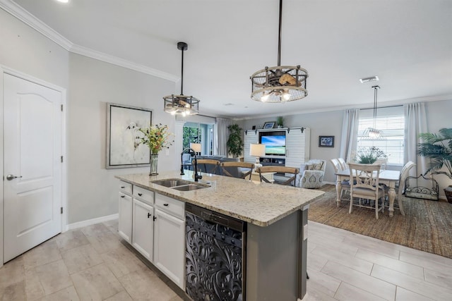 43249 Treadway Dr, Punta Gorda, FL 33982 - kitchen with a sink, black dishwasher, ornamental molding, pendant lighting, and light stone countertops