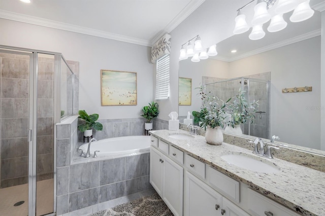 43249 Treadway Dr, Punta Gorda, FL 33982 - full bathroom featuring double vanity, a stall shower, a bath, crown molding, and tile patterned floors