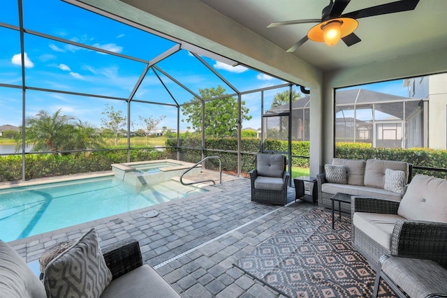 43249 Treadway Dr, Punta Gorda, FL 33982 - view of swimming pool with a patio area, an outdoor hangout area, ceiling fan, and glass enclosure
