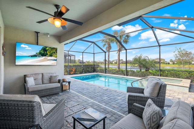 43249 Treadway Dr, Punta Gorda, FL 33982 - outdoor pool with an outdoor hangout area, a patio, a water view, and a ceiling fan
