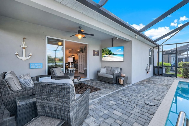43249 Treadway Dr, Punta Gorda, FL 33982 - view of patio / terrace featuring outdoor lounge area, a ceiling fan, a lanai, and an outdoor pool
