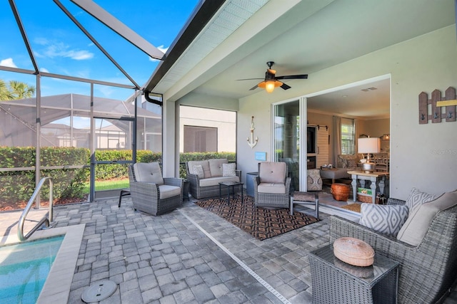 43249 Treadway Dr, Punta Gorda, FL 33982 - view of patio with an outdoor hangout area, ceiling fan, an outdoor pool, and a lanai