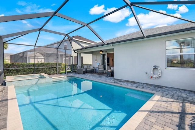 43249 Treadway Dr, Punta Gorda, FL 33982 - view of swimming pool with an outdoor hangout area, a patio area, a ceiling fan, and a pool with connected hot tub