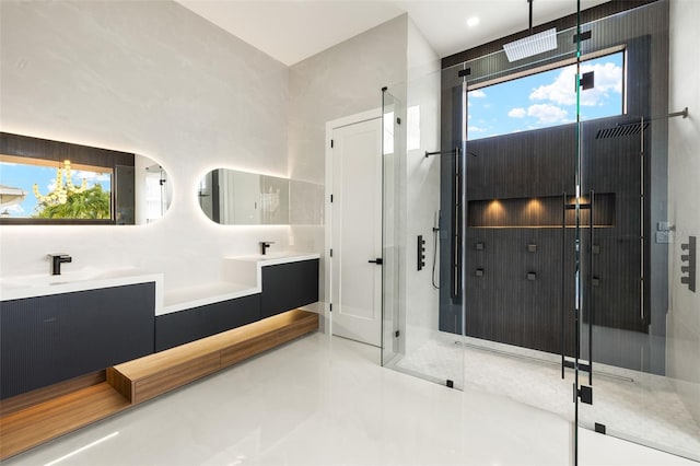 1108 SW 24th St, Cape Coral, FL 33991 - bathroom with a stall shower, double vanity, and tile patterned flooring