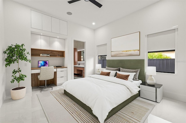 1108 SW 24th St, Cape Coral, FL 33991 - bedroom with baseboards, connected bathroom, recessed lighting, and ceiling fan