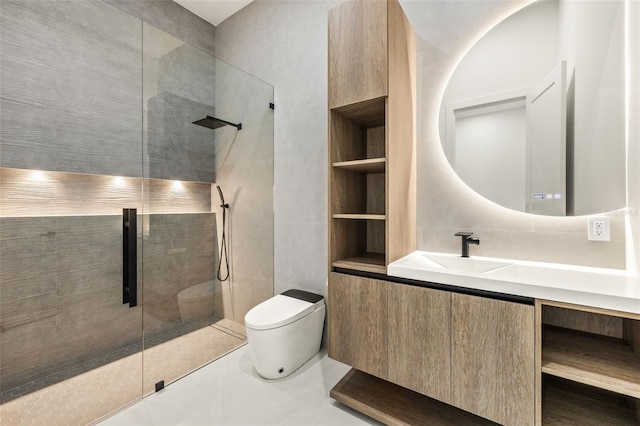 1108 SW 24th St, Cape Coral, FL 33991 - bathroom with toilet, a walk in shower, vanity, and tile patterned floors
