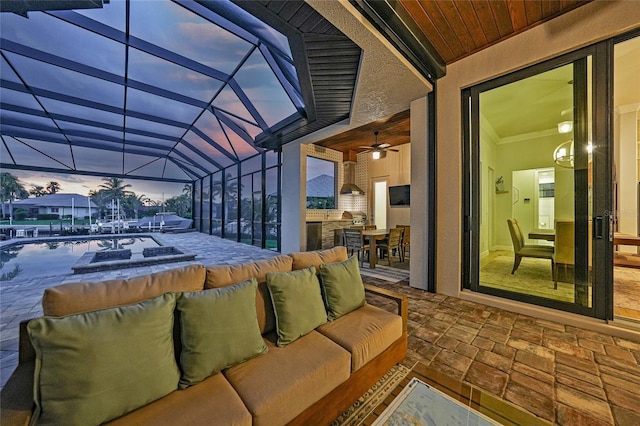 1801 Los Alamos Dr, Punta Gorda, FL 33950 - view of patio featuring an outdoor hangout area, an outdoor kitchen, ceiling fan, a lanai, and a pool