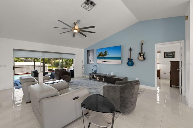 2223 SE 10th Ln, Cape Coral, FL 33990 - living area with vaulted ceiling, ceiling fan, and baseboards
