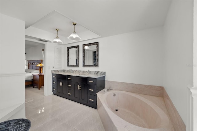 2223 SE 10th Ln, Cape Coral, FL 33990 - bathroom featuring connected bathroom, a garden tub, double vanity, a raised ceiling, and tile patterned flooring
