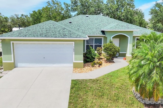 7280 Muncey Rd, North Port, FL 34291 - single story home with a shingled roof, stucco siding, an attached garage, driveway, and a front yard