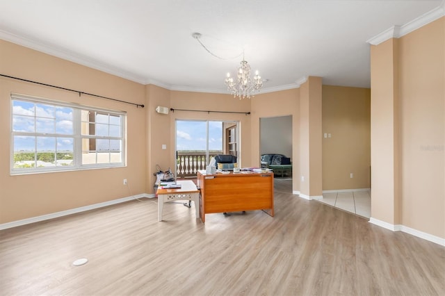 3730 Cadbury Cir Unit 616, Venice, FL 34293 - home office with light wood-style flooring, a chandelier, ornamental molding, and baseboards