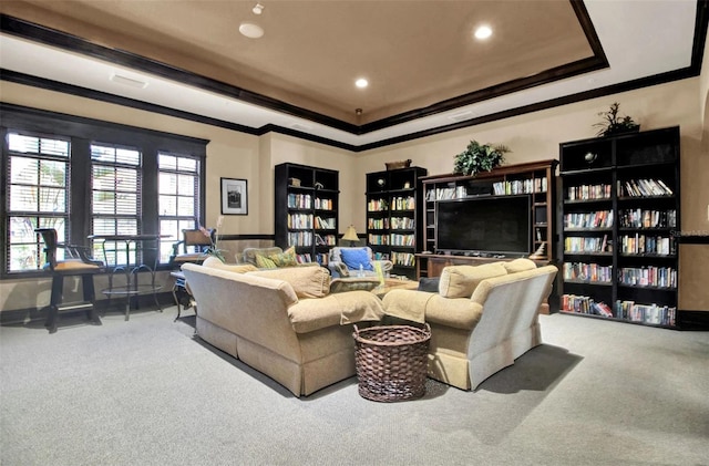 90 Vivante Blvd Unit 202, Punta Gorda, FL 33950 - carpeted living area with crown molding, a tray ceiling, and recessed lighting