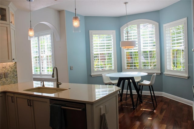 2630 Tarpon Cove Dr Unit 212, Punta Gorda, FL 33950 - kitchen featuring a sink, dark wood-style floors, hanging light fixtures, and glass insert cabinets