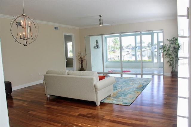 2630 Tarpon Cove Dr Unit 212, Punta Gorda, FL 33950 - living room featuring healthy amount of natural light, a chandelier, wood finished floors, baseboards, and ornamental molding