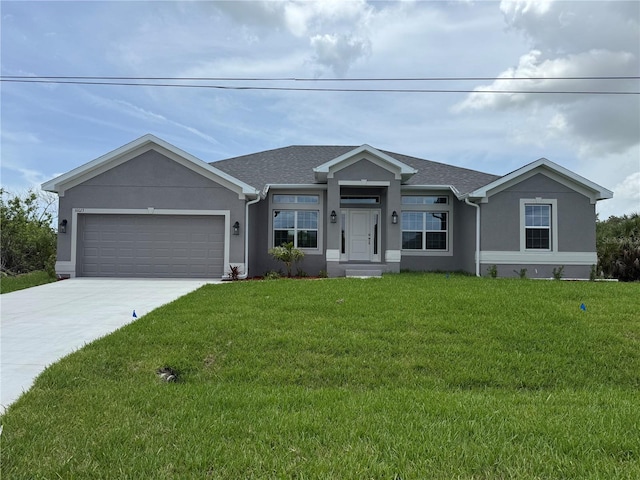 10023 Greetings St, Port Charlotte, FL 33981 - ranch-style house with stucco siding, concrete driveway, a garage, and a front yard