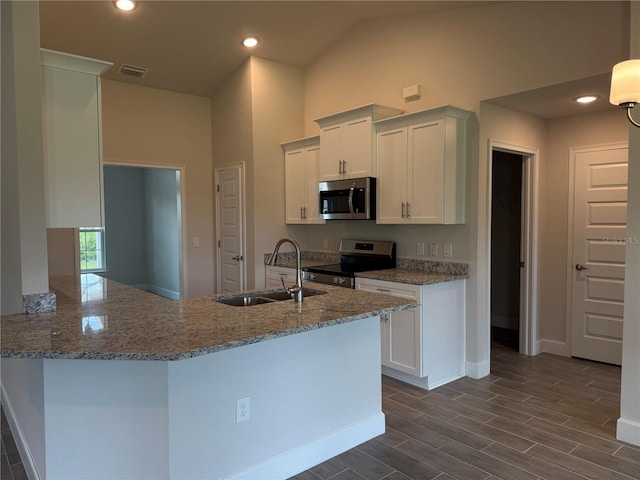 10023 Greetings St, Port Charlotte, FL 33981 - kitchen featuring appliances with stainless steel finishes, light stone countertops, a peninsula, dark wood-type flooring, and recessed lighting