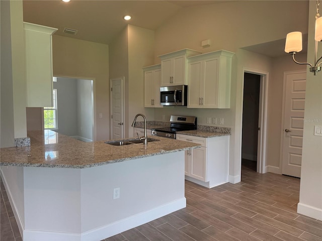 10023 Greetings St, Port Charlotte, FL 33981 - kitchen featuring appliances with stainless steel finishes, light stone counters, white cabinetry, a peninsula, and wood finished floors