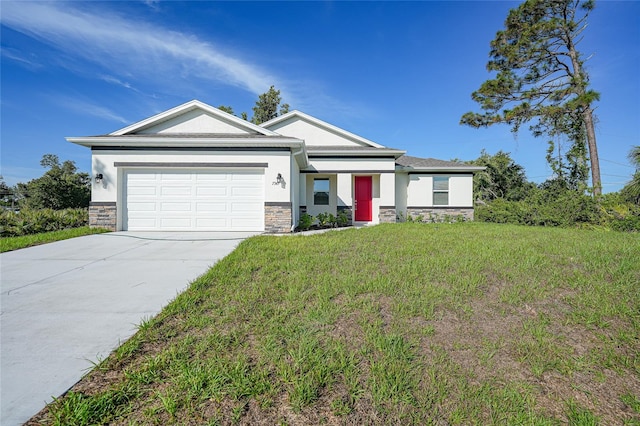 7345 Ellis Ln, Port Charlotte, FL 33981 - view of front of home featuring stone siding, a garage, stucco siding, concrete driveway, and a front yard