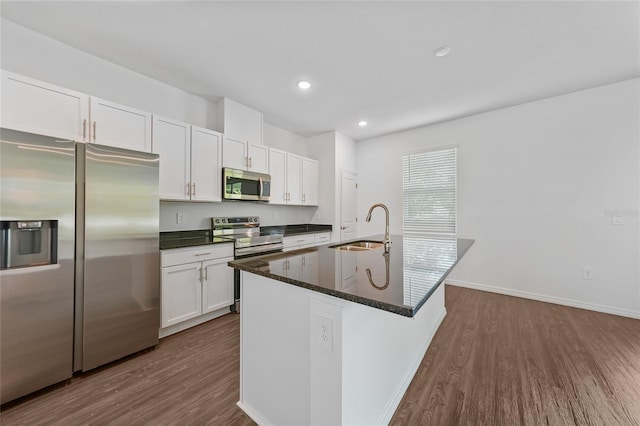 7345 Ellis Ln, Port Charlotte, FL 33981 - kitchen featuring appliances with stainless steel finishes, dark wood finished floors, white cabinetry, an island with sink, and recessed lighting
