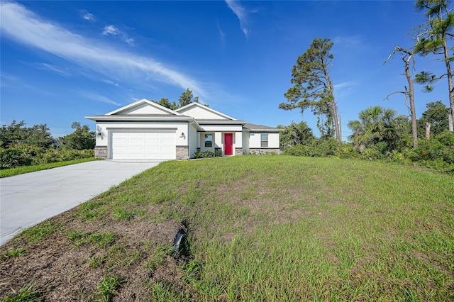 7345 Ellis Ln, Port Charlotte, FL 33981 - ranch-style house with stucco siding, an attached garage, stone siding, driveway, and a front lawn