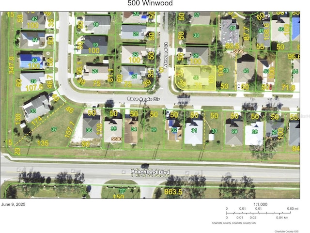 500 Winwood Ct, Port Charlotte, FL 33954 - aerial map of property and surrounding area with property boundaries highlighted