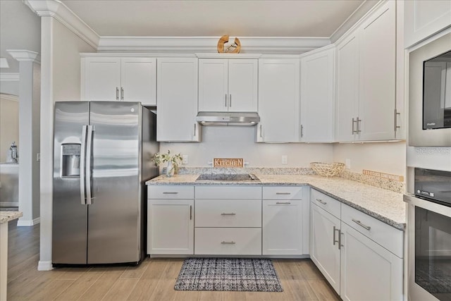 15039 Black Cherry Way, Punta Gorda, FL 33955 - kitchen with stainless steel appliances, white cabinets, light wood-type flooring, under cabinet range hood, and light stone counters